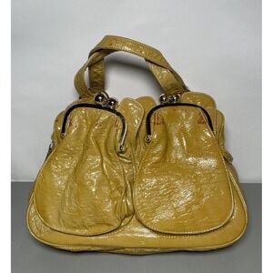 Women's Bulga Yellow Patent Leather Hobo Bag Y2K Red Paint Splash Distress Purse